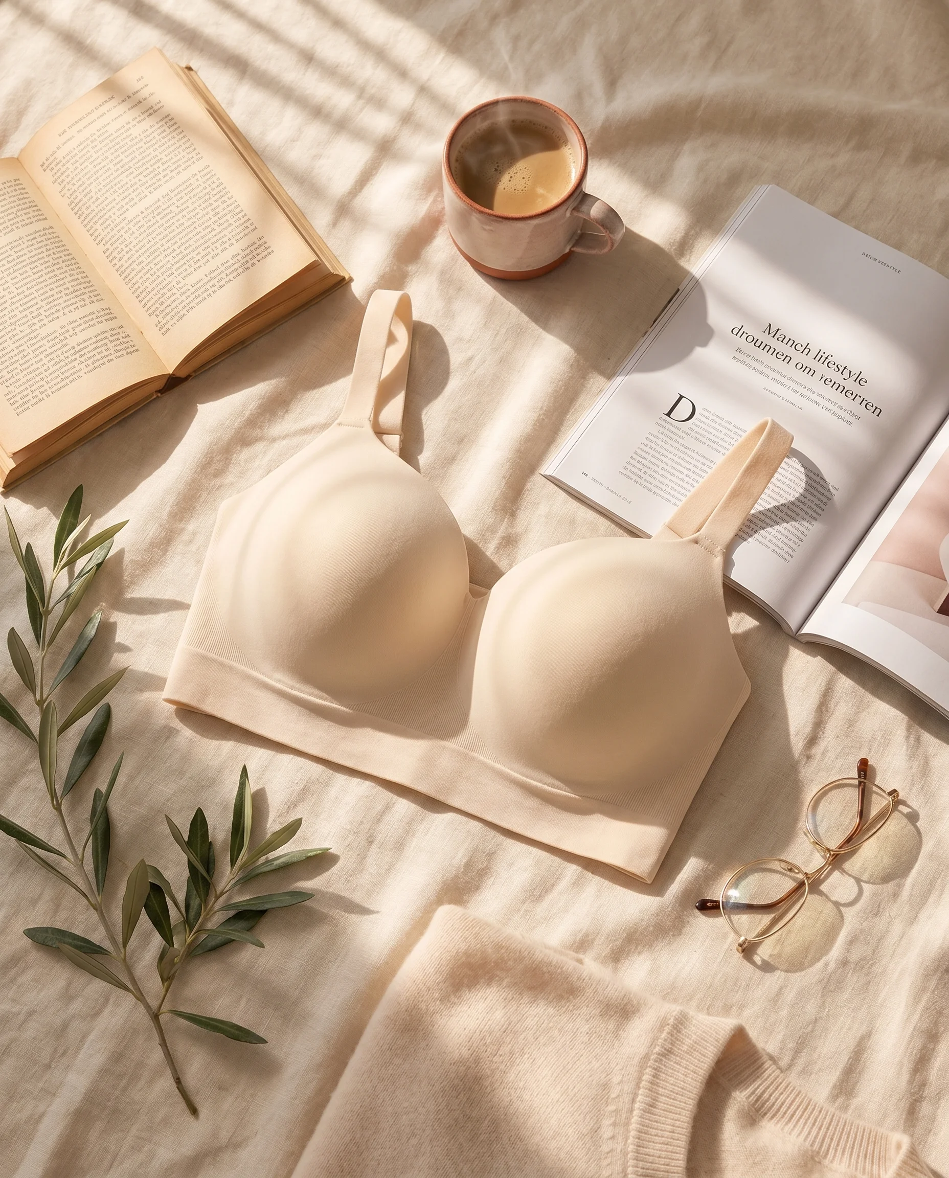 Editorial Flatlay: gefalteter BH, Magazin und Kaffee im warmen Mittagslicht